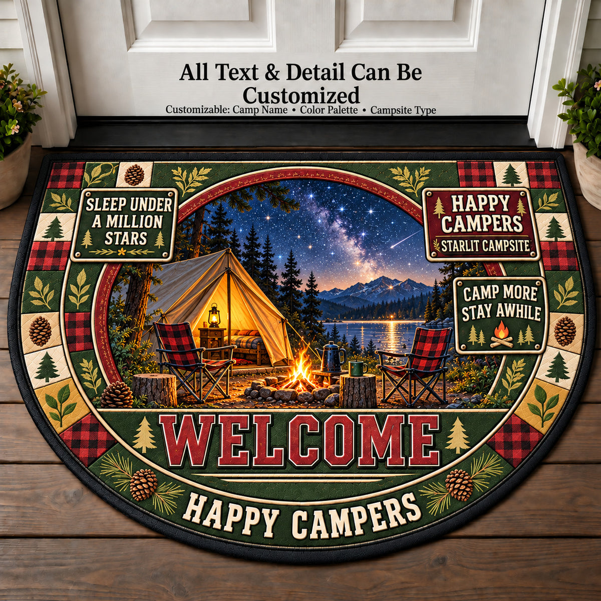 Starlit Campsite - Happy Campers Personalized Half Round Mat | 5To9Vibe