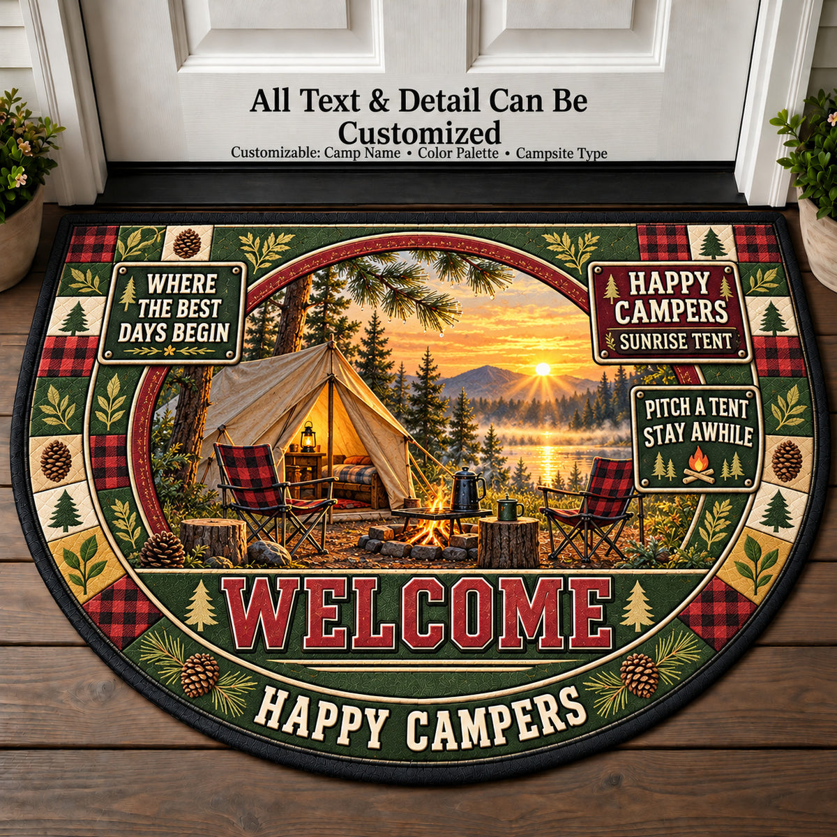 Sunrise Tent - Happy Campers Personalized Half Round Mat | 5To9Vibe