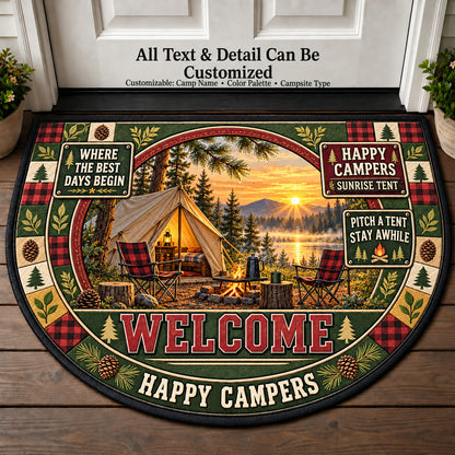Sunrise Tent - Happy Campers Personalized Half Round Mat | 5To9Vibe