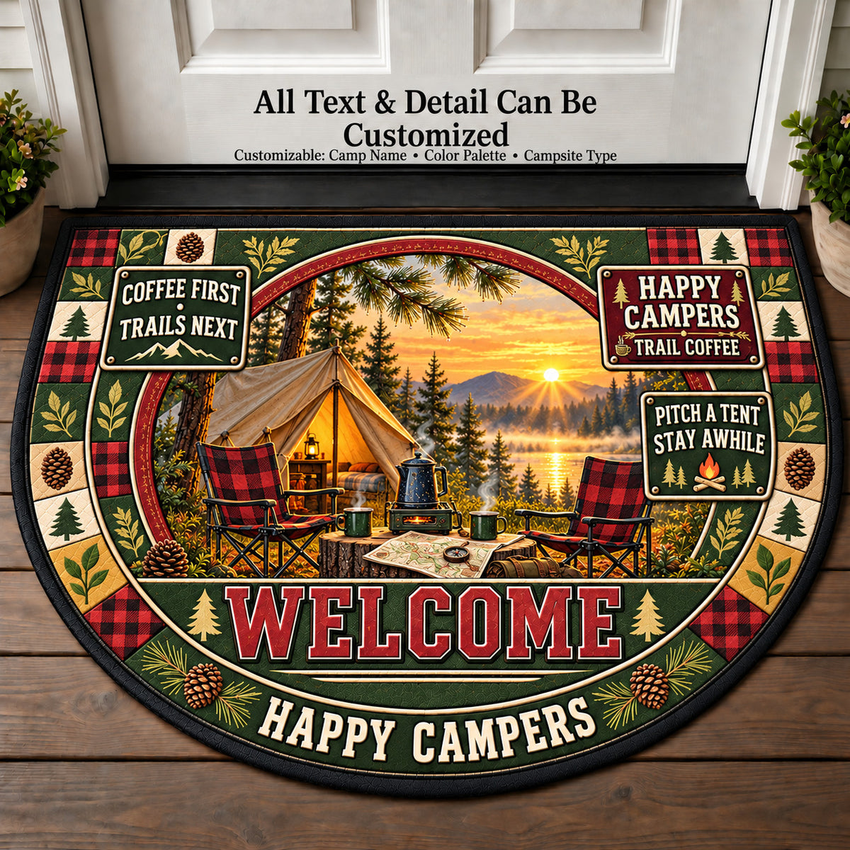 Trail Coffee - Happy Campers Personalized Half Round Mat | 5To9Vibe
