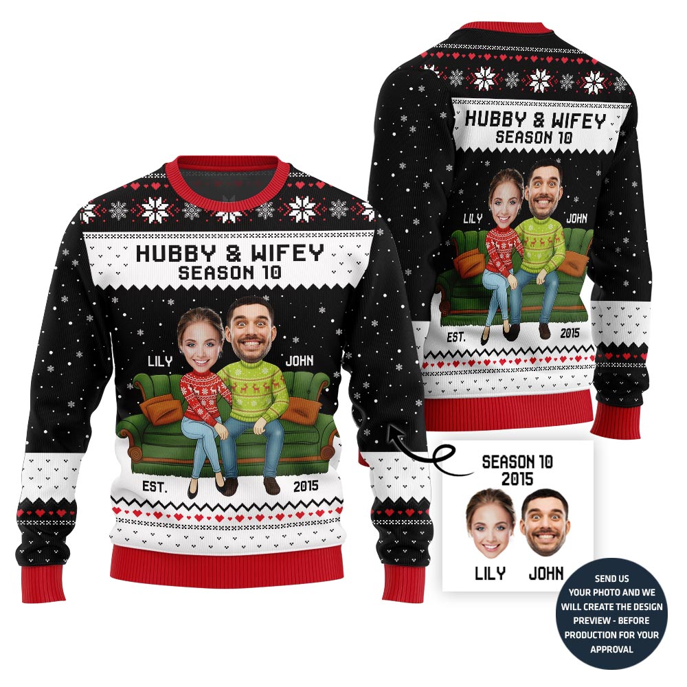Happy Custom Couple Faces Ugly Christmas Sweater