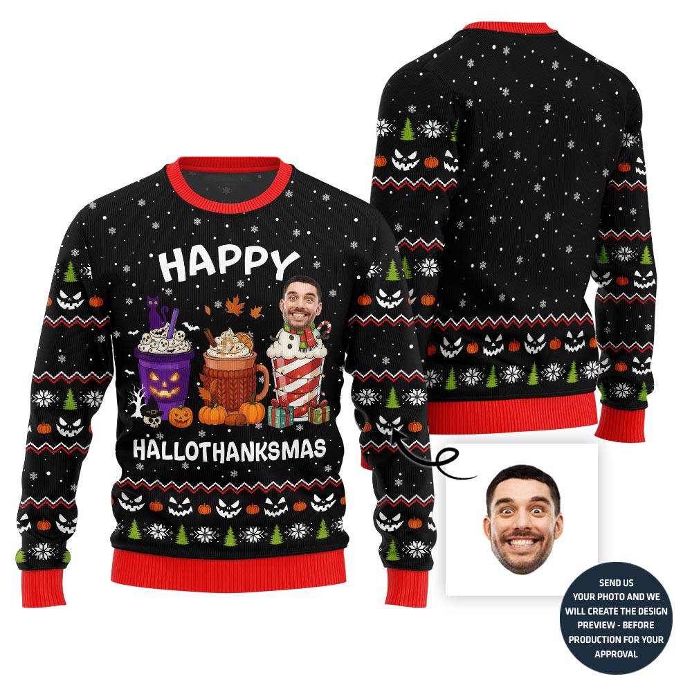 Happy Hallothanksmas Custom Face Ugly Christmas Sweater