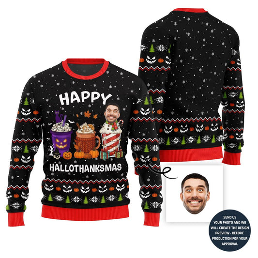 Happy Hallothanksmas Custom Face Ugly Christmas Sweater