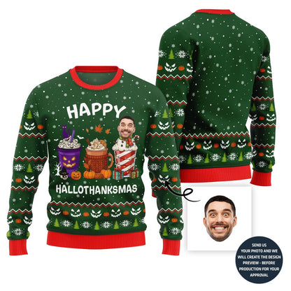 Happy Hallothanksmas Custom Face Ugly Christmas Sweater