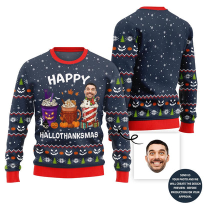 Happy Hallothanksmas Custom Face Ugly Christmas Sweater