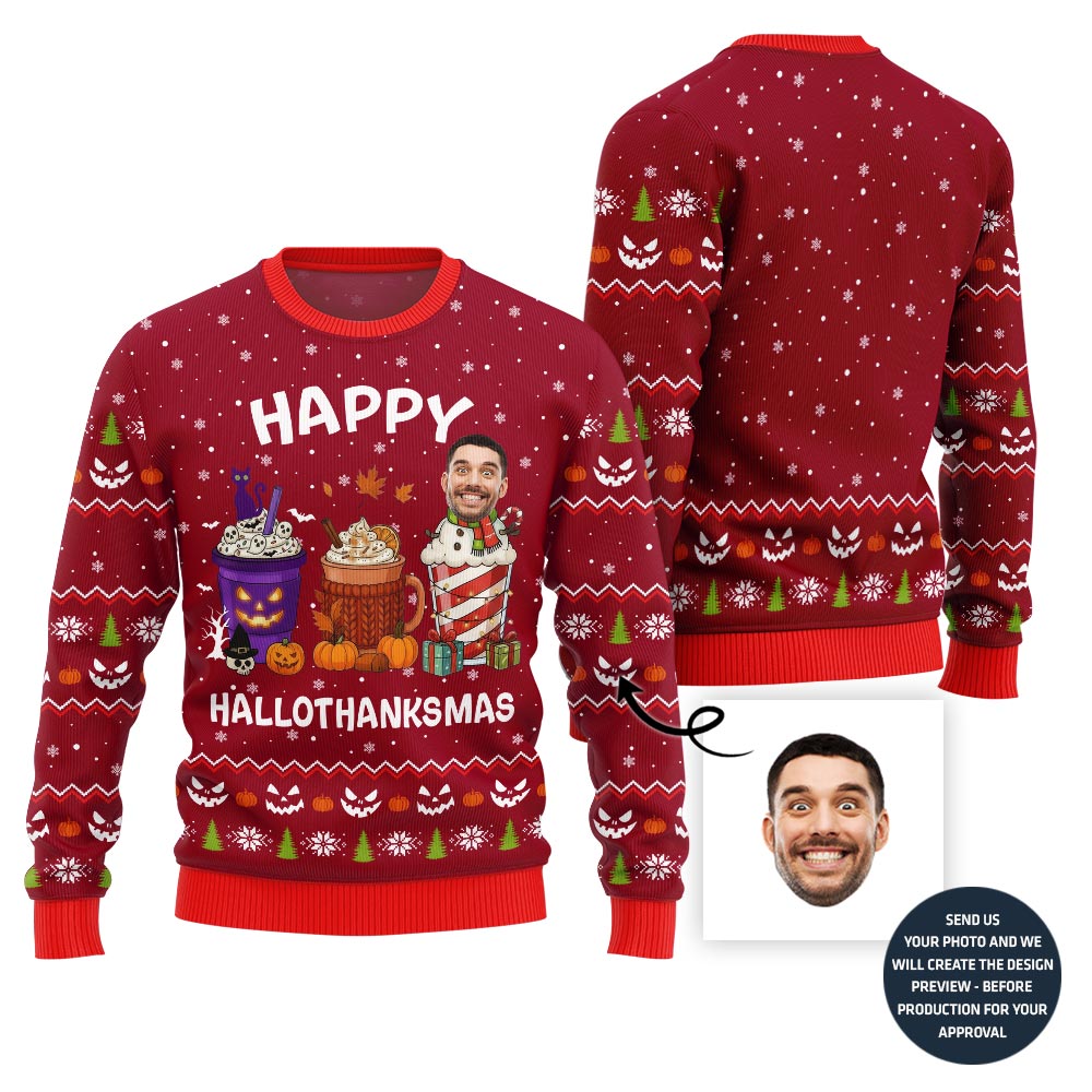 Happy Hallothanksmas Custom Face Ugly Christmas Sweater