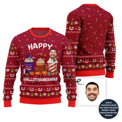 Happy Hallothanksmas Custom Face Ugly Christmas Sweater