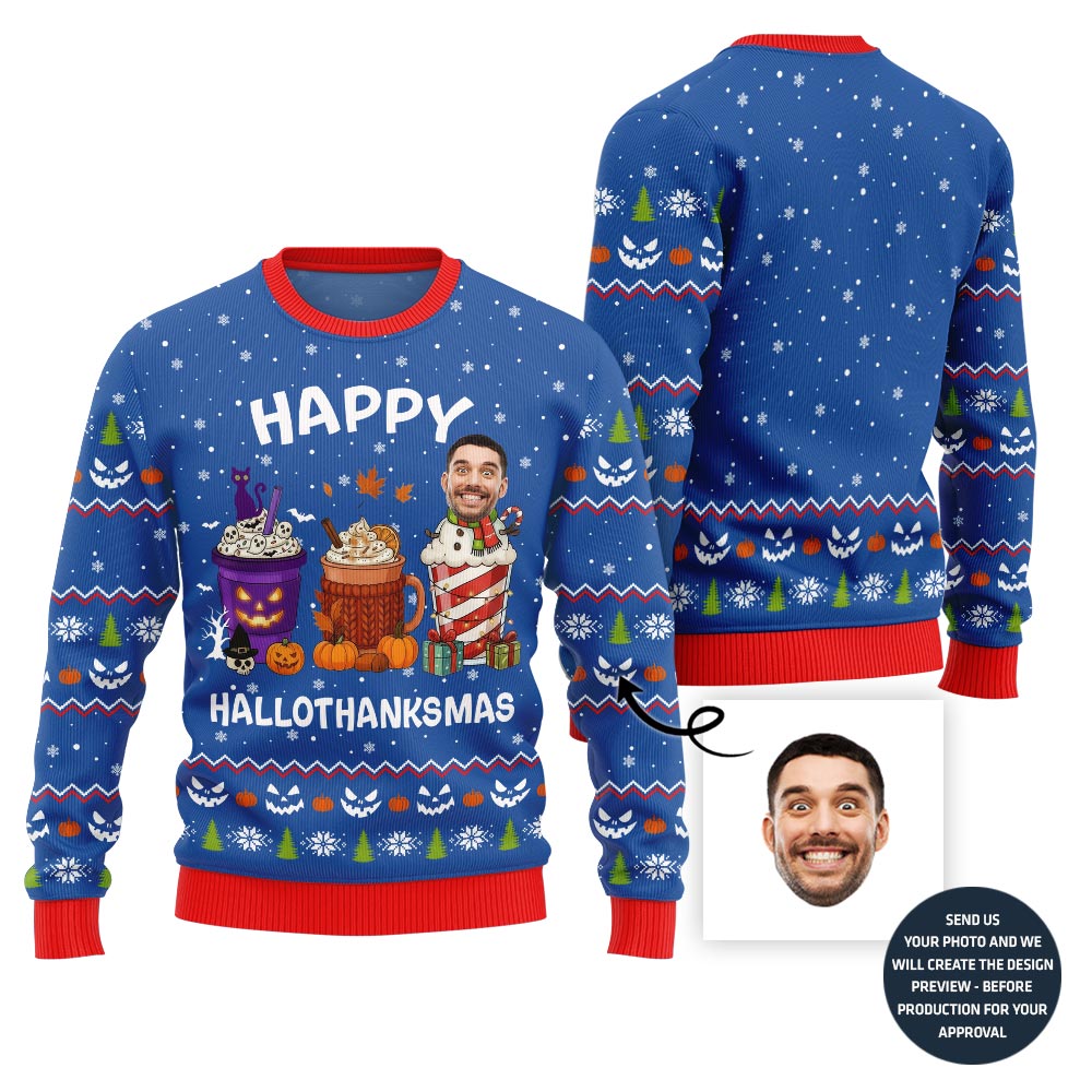 Happy Hallothanksmas Custom Face Ugly Christmas Sweater