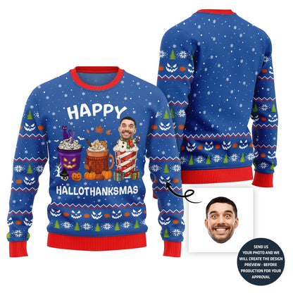 Happy Hallothanksmas Custom Face Ugly Christmas Sweater