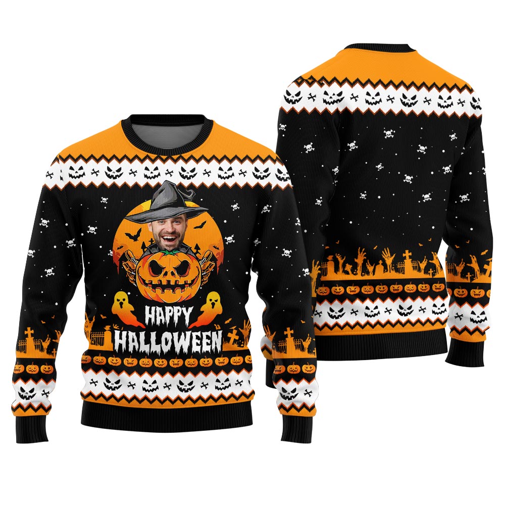 Personalized Face Happy Halloween Men's Custom Ugly Christmas Sweater