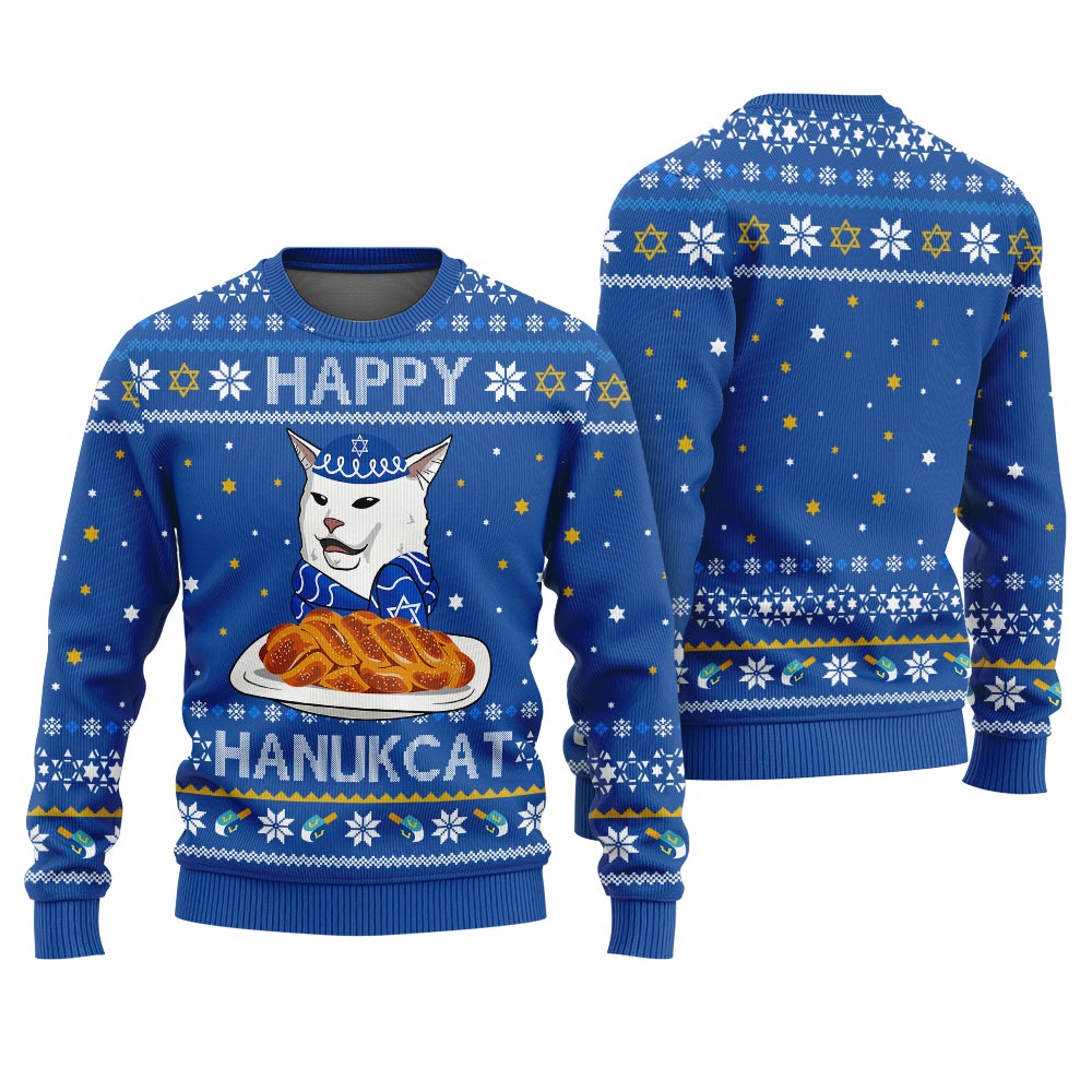 Happy Hanukcat Ugly Hanukkah Sweater Royal