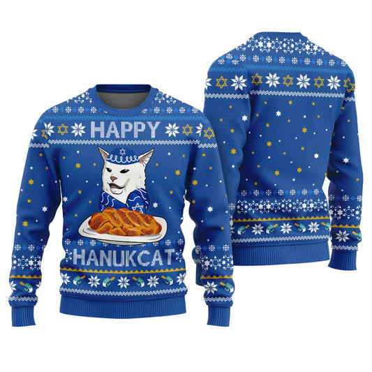 Happy Hanukcat Ugly Hanukkah Sweater Royal