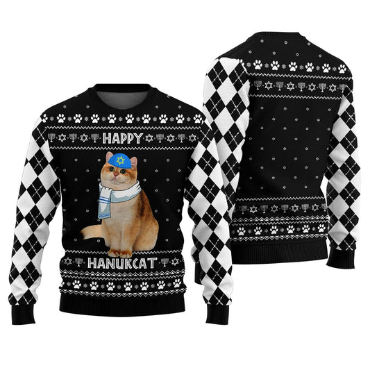 Happy Hanukkah Custom Cat Ugly Sweater Black