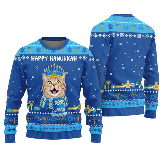 Happy Hanukkah Personalized Cat Sweater Royal