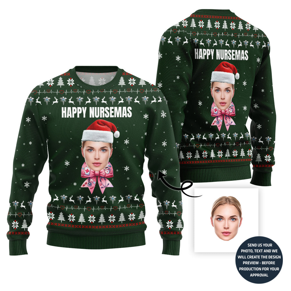 Happy Nurse Custom Face Ugly Sweater With A Bow For Women