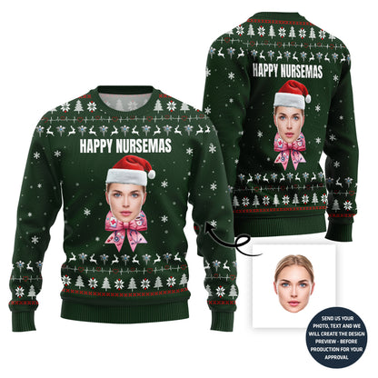 Happy Nurse Custom Face Ugly Sweater With A Bow For Women