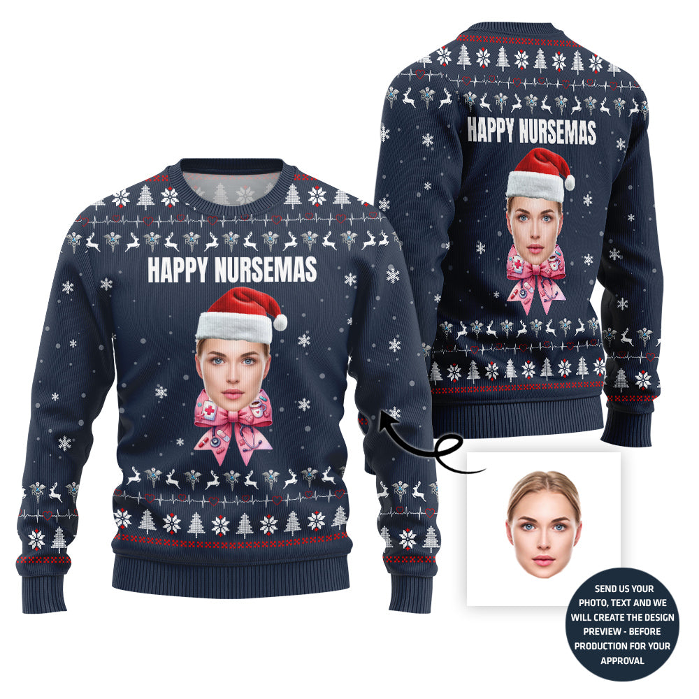 Happy Nurse Custom Face Ugly Sweater With A Bow For Women