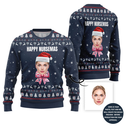 Happy Nurse Custom Face Ugly Sweater With A Bow For Women