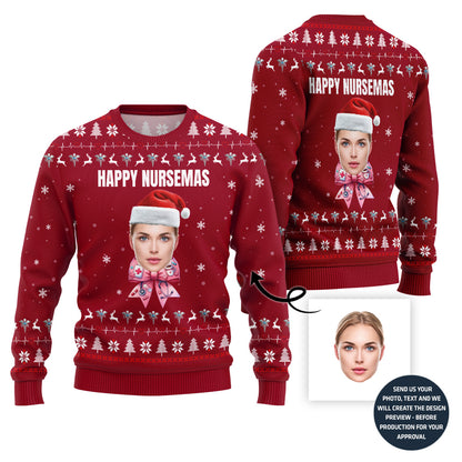 Happy Nurse Custom Face Ugly Sweater With A Bow For Women