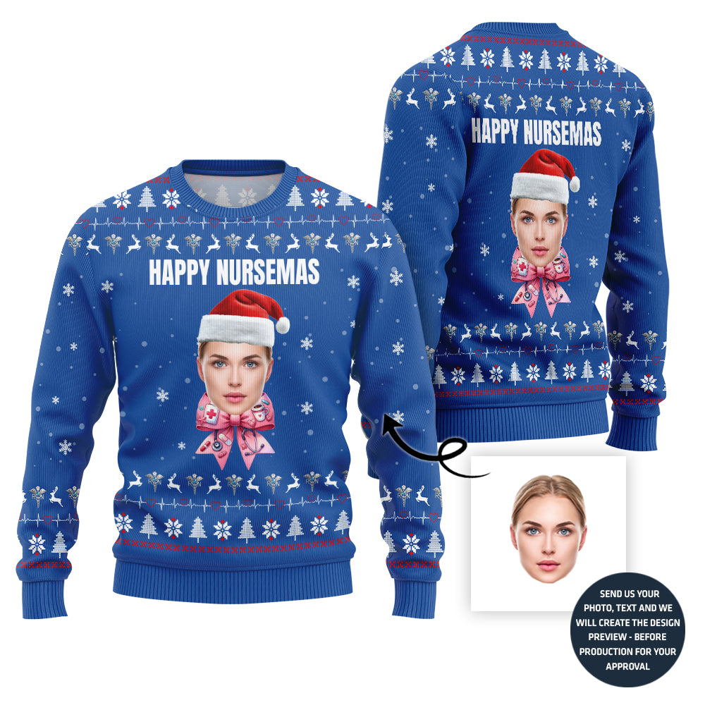 Happy Nurse Custom Face Ugly Sweater With A Bow For Women