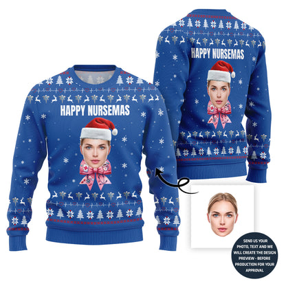 Happy Nurse Custom Face Ugly Sweater With A Bow For Women