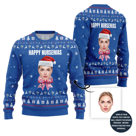 Happy Nurse Custom Face Ugly Sweater With A Bow For Women