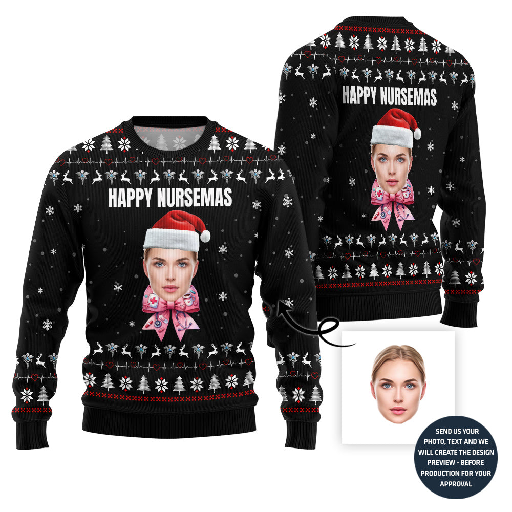 Happy Nurse Custom Face Ugly Sweater With A Bow For Women