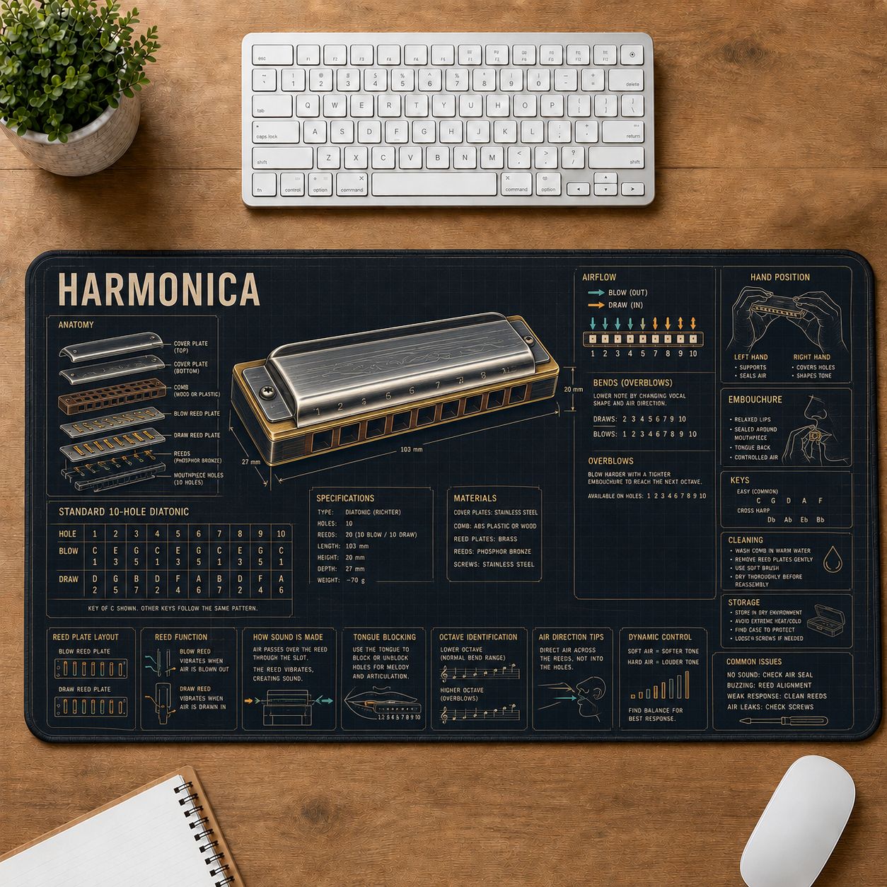 Harmonica Musical Instrument Blueprint Guide Desk Mat | 5To9Vibe
