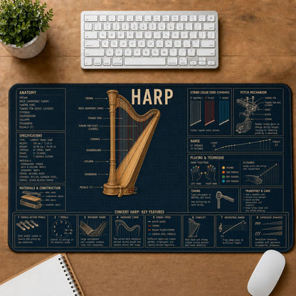 Harp Musical Instrument Blueprint Guide Desk Mat | 5To9Vibe