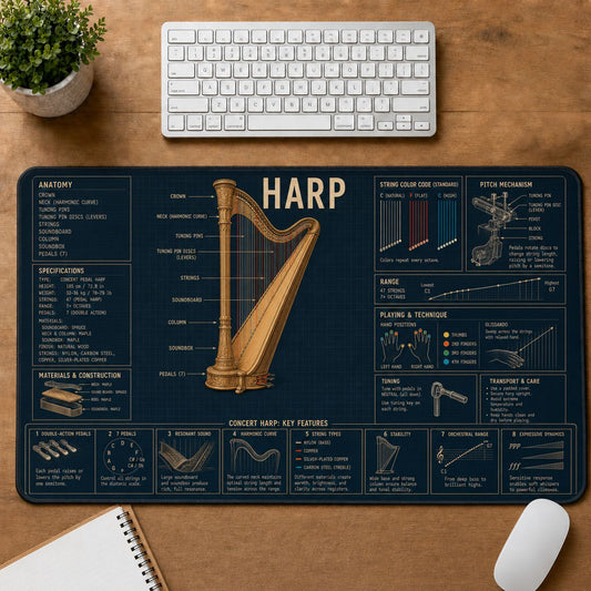 Harp Musical Instrument Blueprint Guide Desk Mat | 5To9Vibe
