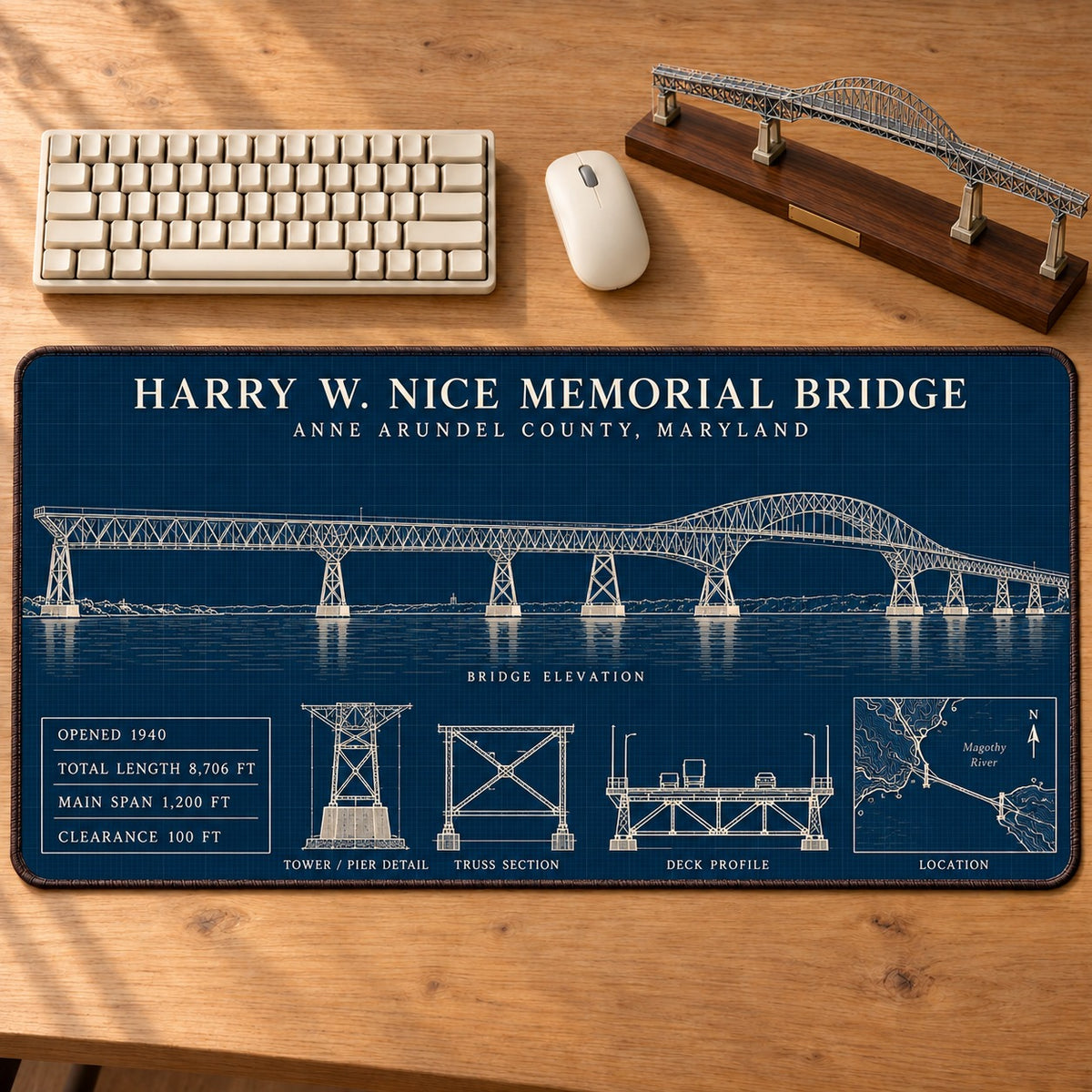 Iconic American Bridges Blueprint Desk Mat Mouse Pad Trending - 5to9vibe