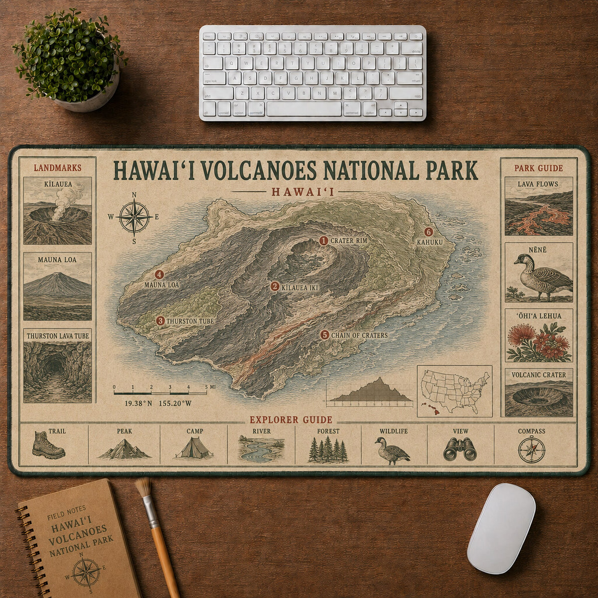 Hawaiʻi Volcanoes National Park Vintage Topographic Park Map Explorer Guide Desk Mat | 5To9Vibe