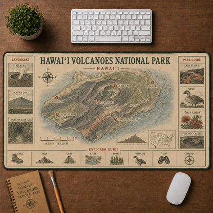 Hawaiʻi Volcanoes National Park Vintage Topographic Park Map Explorer Guide Desk Mat | 5To9Vibe