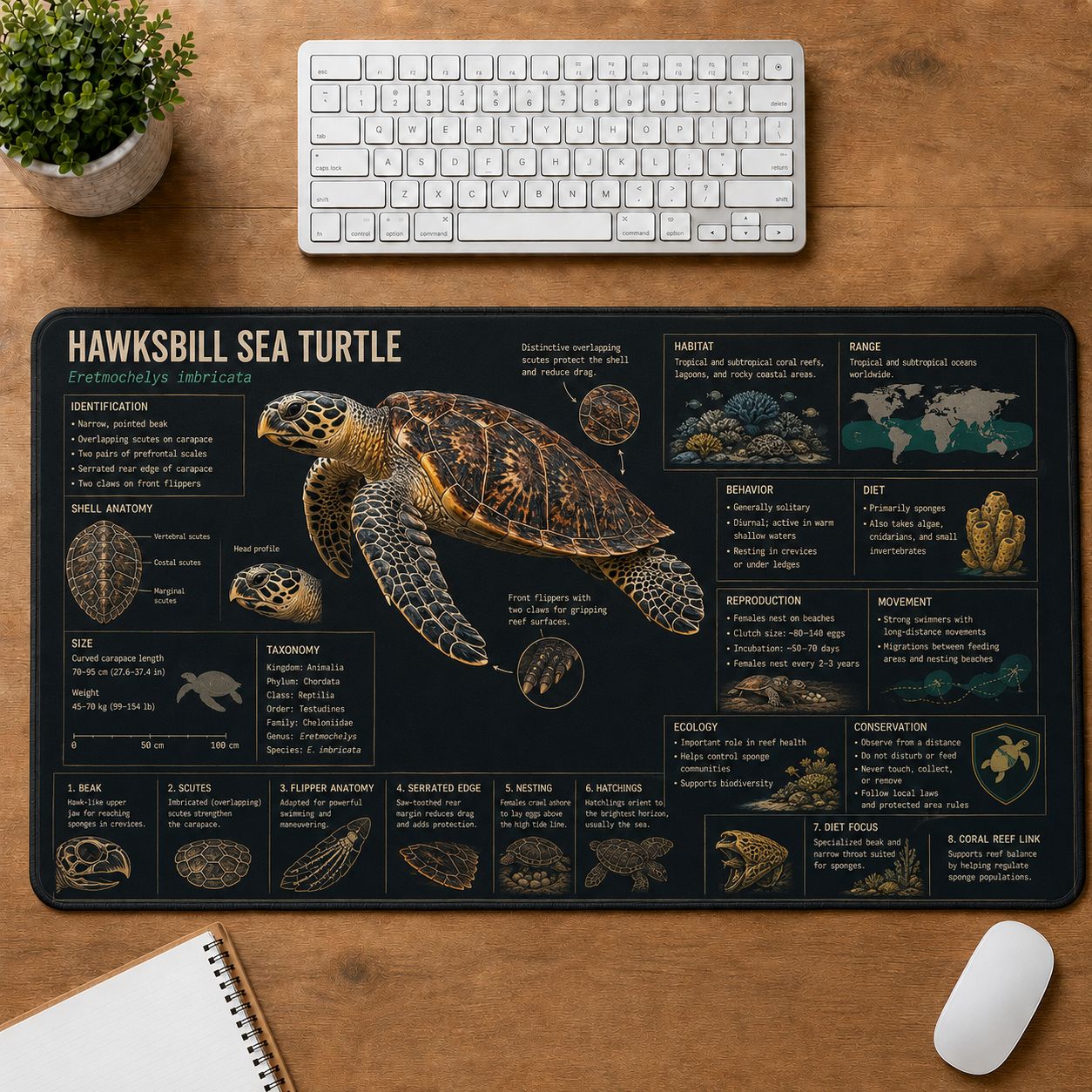 Hawksbill Sea Turtle Turtle and Tortoise Species Guide Desk Mat | 5To9Vibe