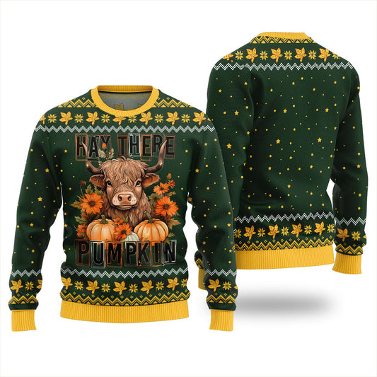 Hay There Pumpkin Cow Christmas Sweater Green