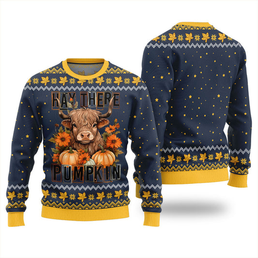 Hay There Pumpkin Cow Ugly Christmas Sweater Navy