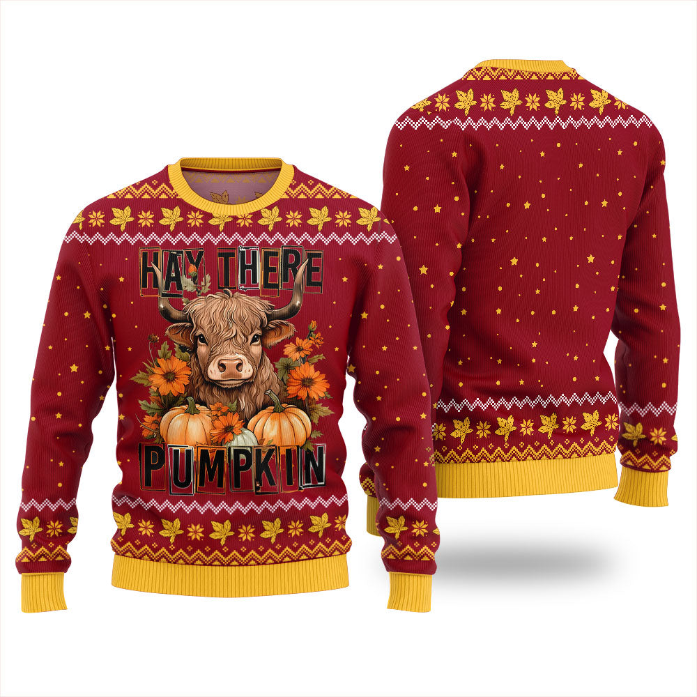 Hay There Pumpkin Cow Ugly Holiday Sweater Red