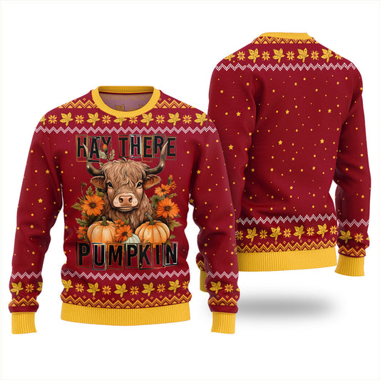Hay There Pumpkin Cow Ugly Holiday Sweater Red