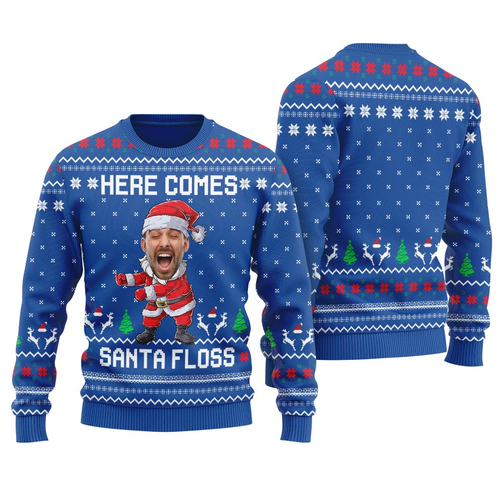 Here Comes Santa Floss Custom Face Men's Ugly Sweater