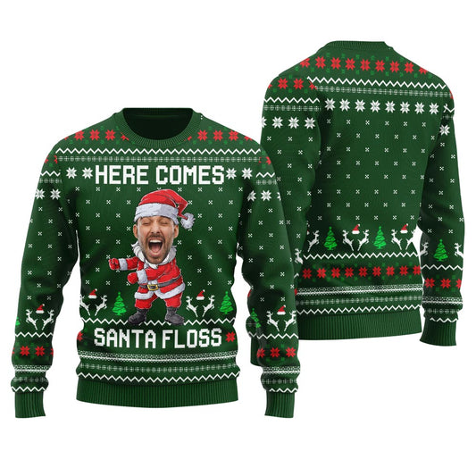Here Comes Santa Floss Custom Face Men's Ugly Sweater