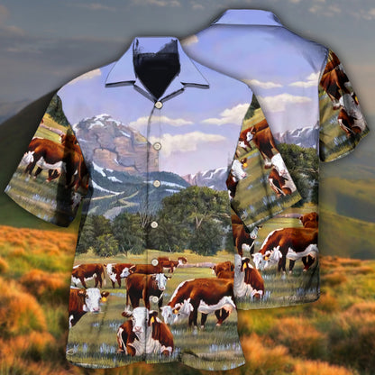 Cow Hereford Cow Beautiful Landscape - Hawaiian Shirt 