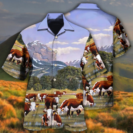 Cow Hereford Cow Beautiful Landscape - Hawaiian Shirt 
