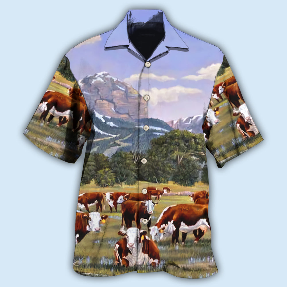 Cow Hereford Cow Beautiful Landscape - Hawaiian Shirt 