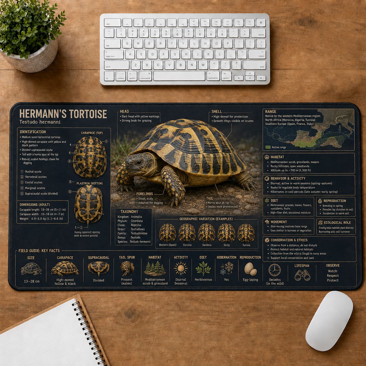 Hermann's Tortoise Turtle and Tortoise Species Guide Desk Mat | 5To9Vibe