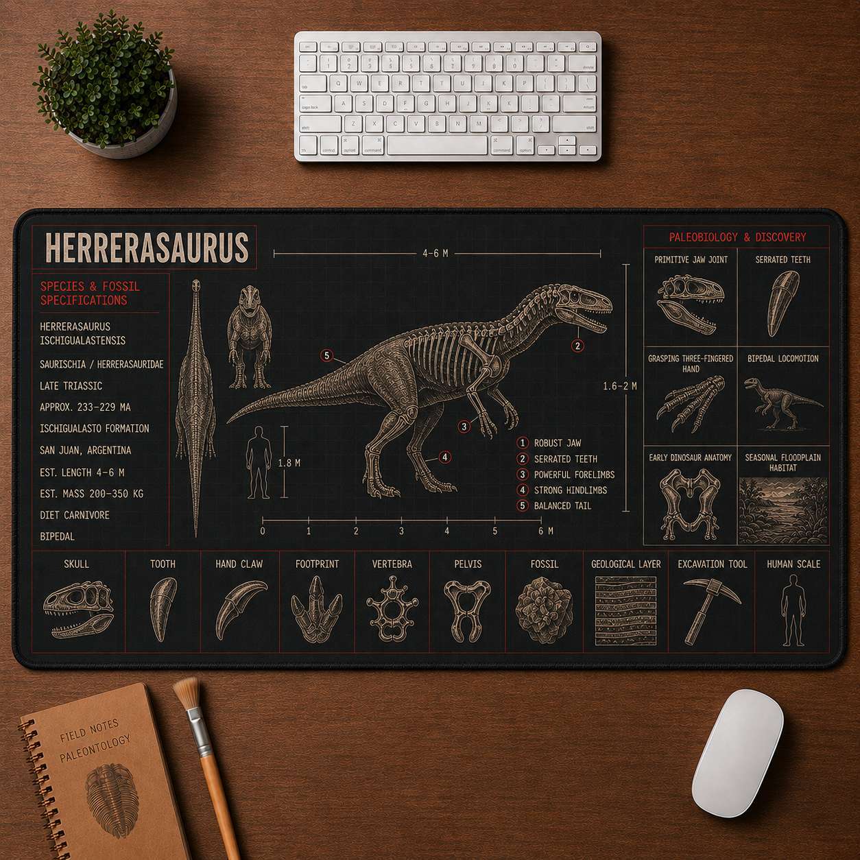 Herrerasaurus Dinosaur Blueprint Desk Mat | 5To9Vibe