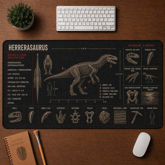 Herrerasaurus Dinosaur Blueprint Desk Mat | 5To9Vibe