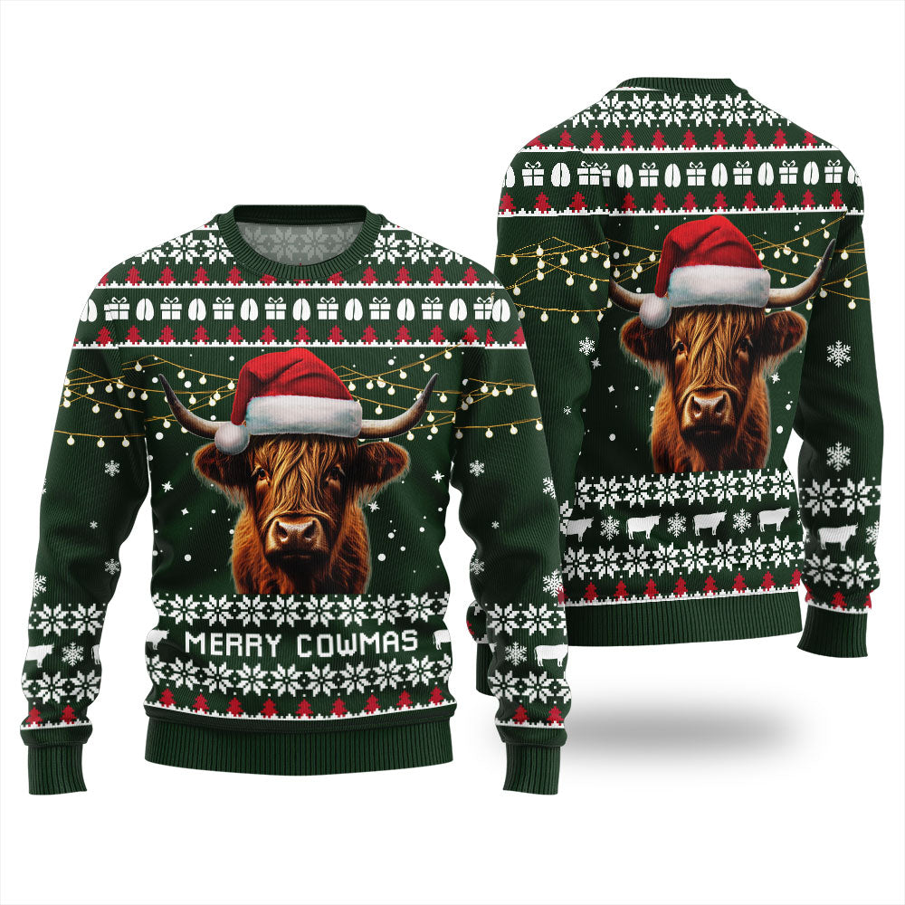 Highland Cow Christmas Sweater Forest Green