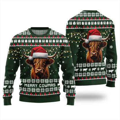 Highland Cow Christmas Sweater Forest Green
