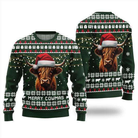 Highland Cow Christmas Sweater Forest Green