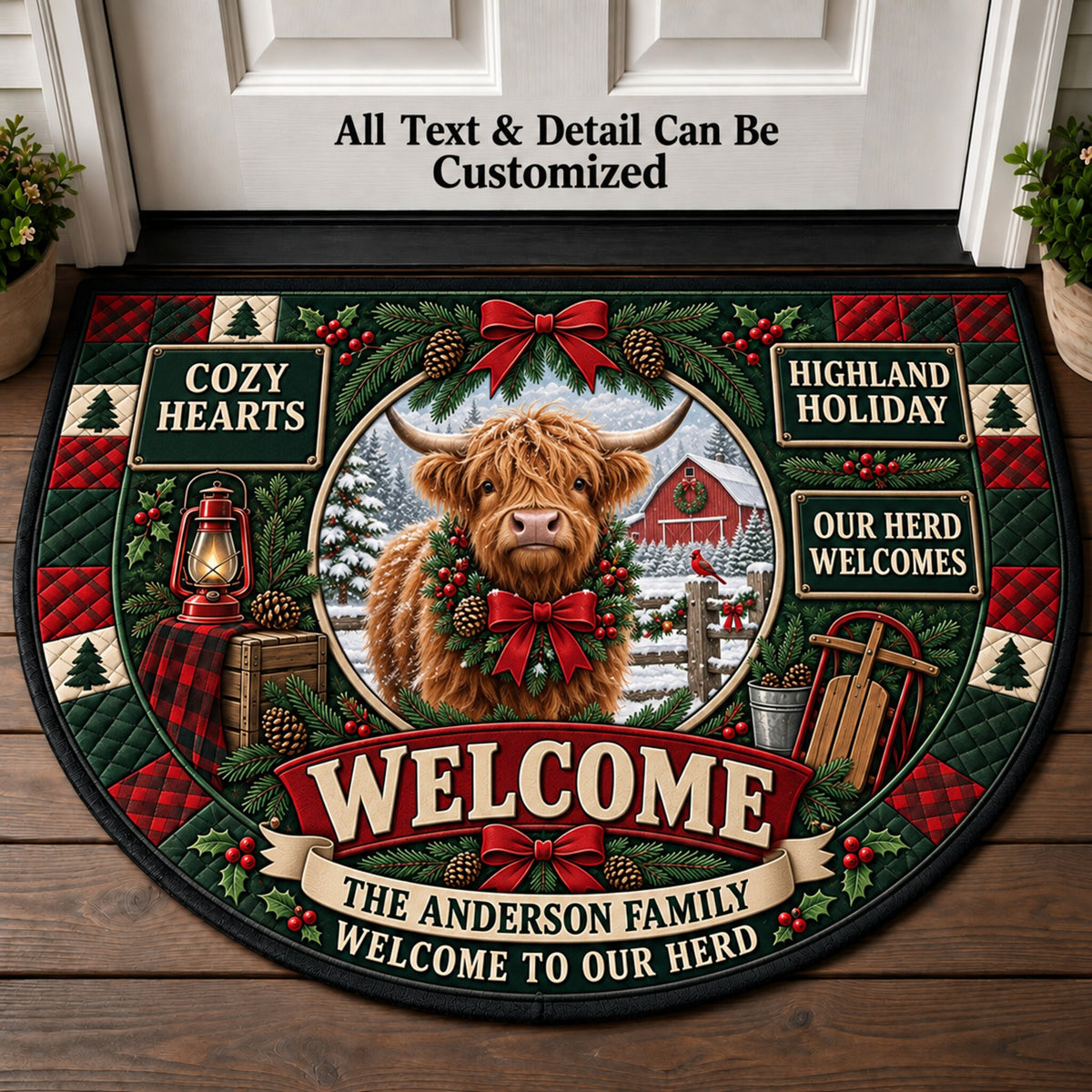 Highland Cow Christmas Personalized Half Round Mat | 5To9Vibe